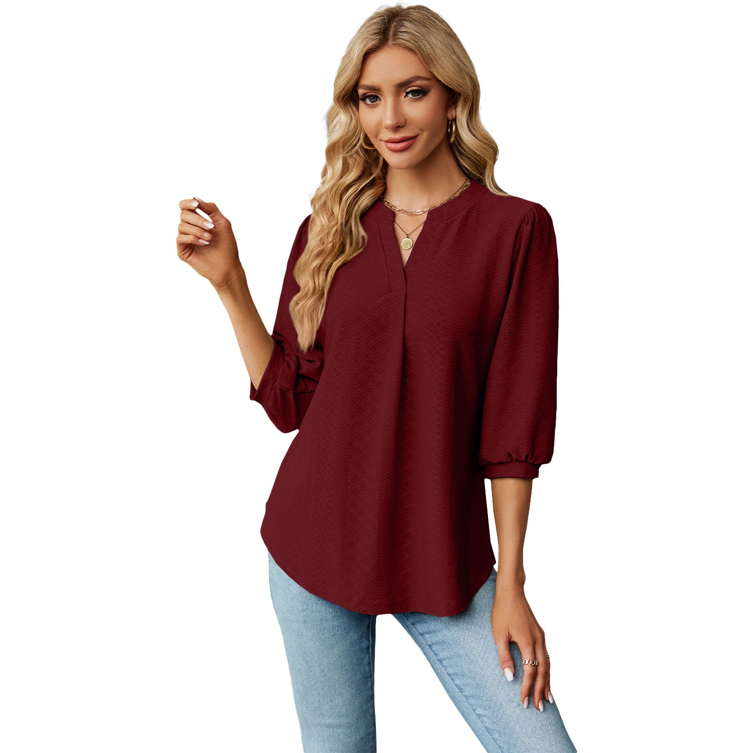 Solid Color Lace Collar Jacquard Long Sleeve Loose-fitting T-shirt Top - Fashioinista