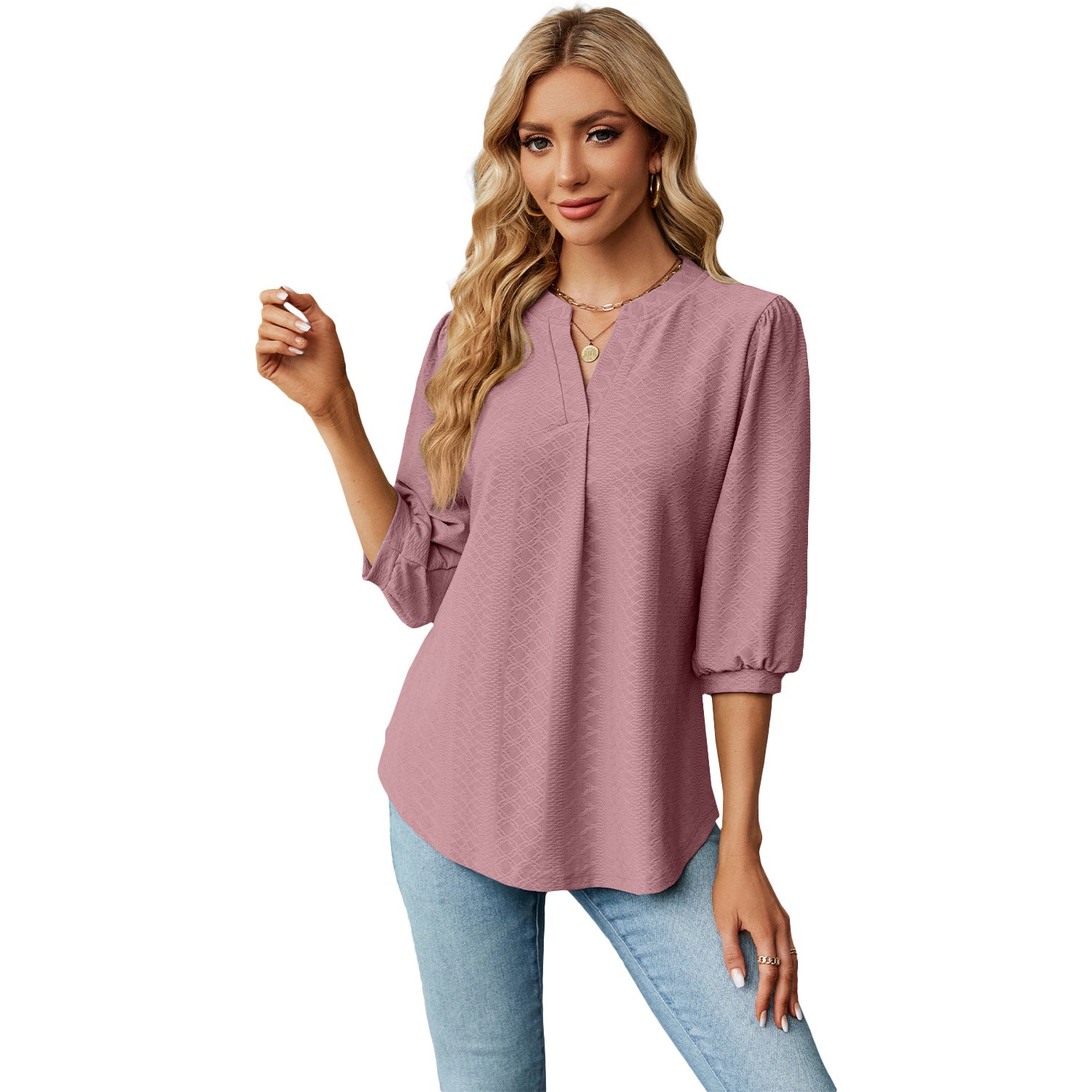 Solid Color Lace Collar Jacquard Long Sleeve Loose-fitting T-shirt Top - Fashioinista