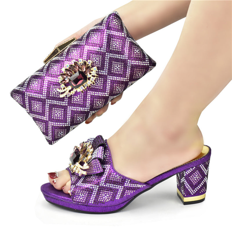 European And American Shoes And Bags Set Solid Color Rhinestone Sandals With Clutch - Fashioinista