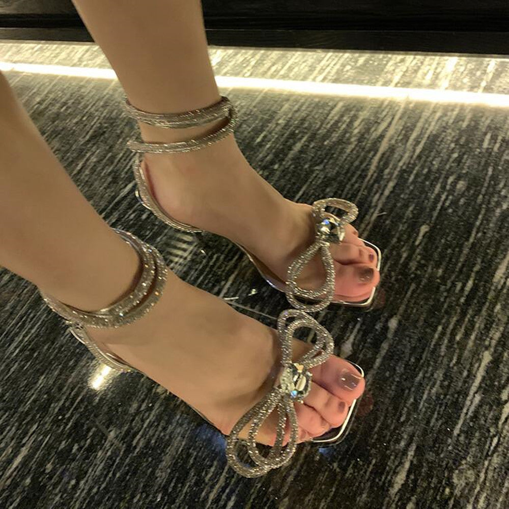 Ankle Strap Stiletto Rhinestone Bow Transparent Shoes - Fashioinista