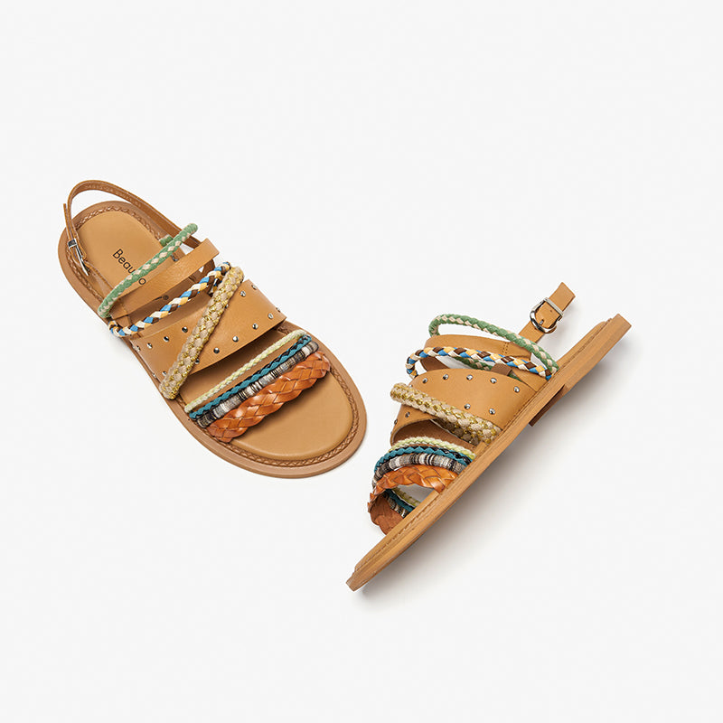 Women's Summer Flat Roman Woven Leather Niche Sandals - Fashioinista