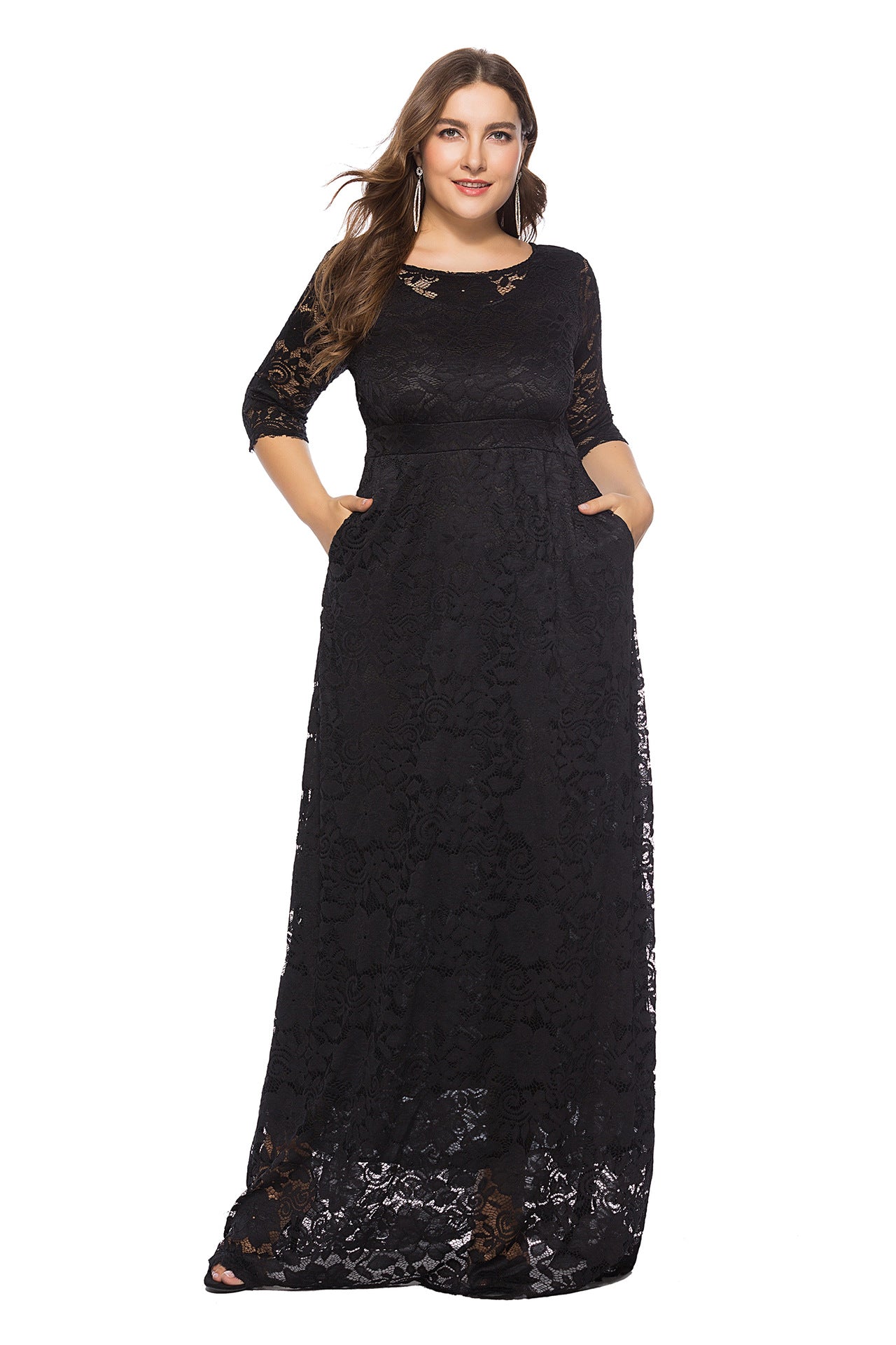 Plus Size Women New Hollow Lace Pocket Dress - Fashioinista