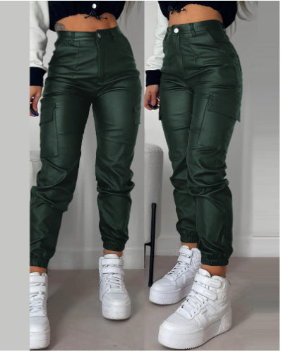 Zipper Pleated PU Casual Patch Pocket Skinny Pencil Trousers - Fashioinista