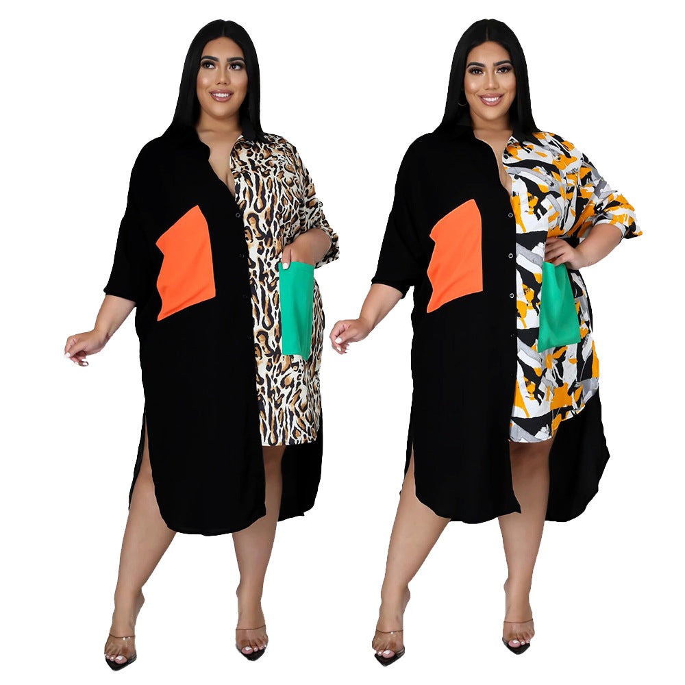 Women Plus Size Dress Patchwork Turn-down Collar Single Breasted - Fashioinista