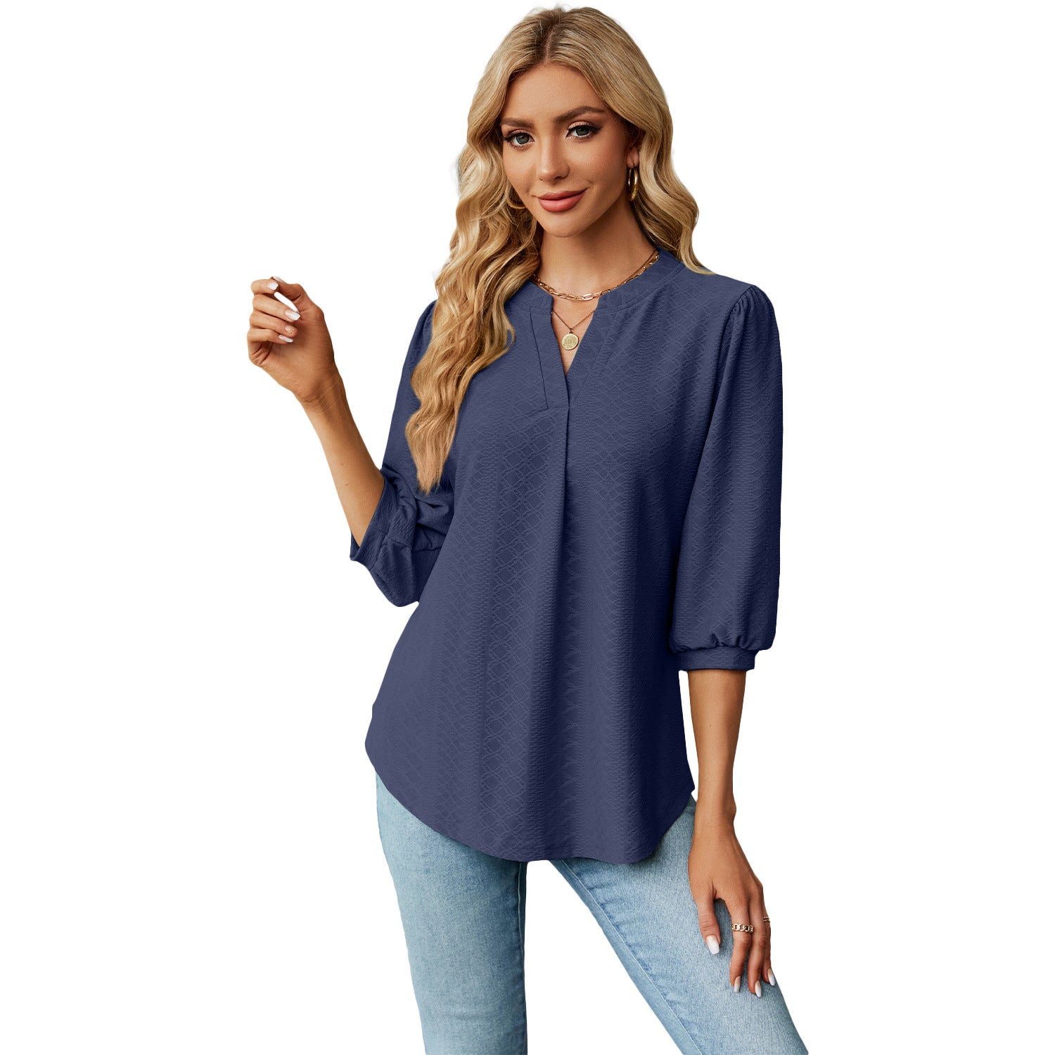 Solid Color Lace Collar Jacquard Long Sleeve Loose-fitting T-shirt Top - Fashioinista