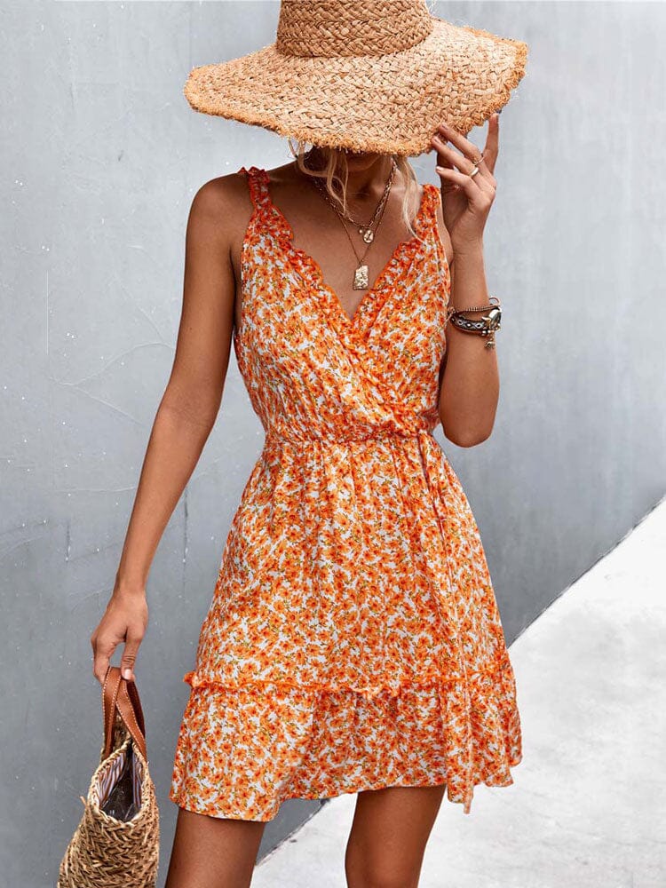 Floral V-Neck Sleeveless Dress Dresses Fashionjosie orange S 