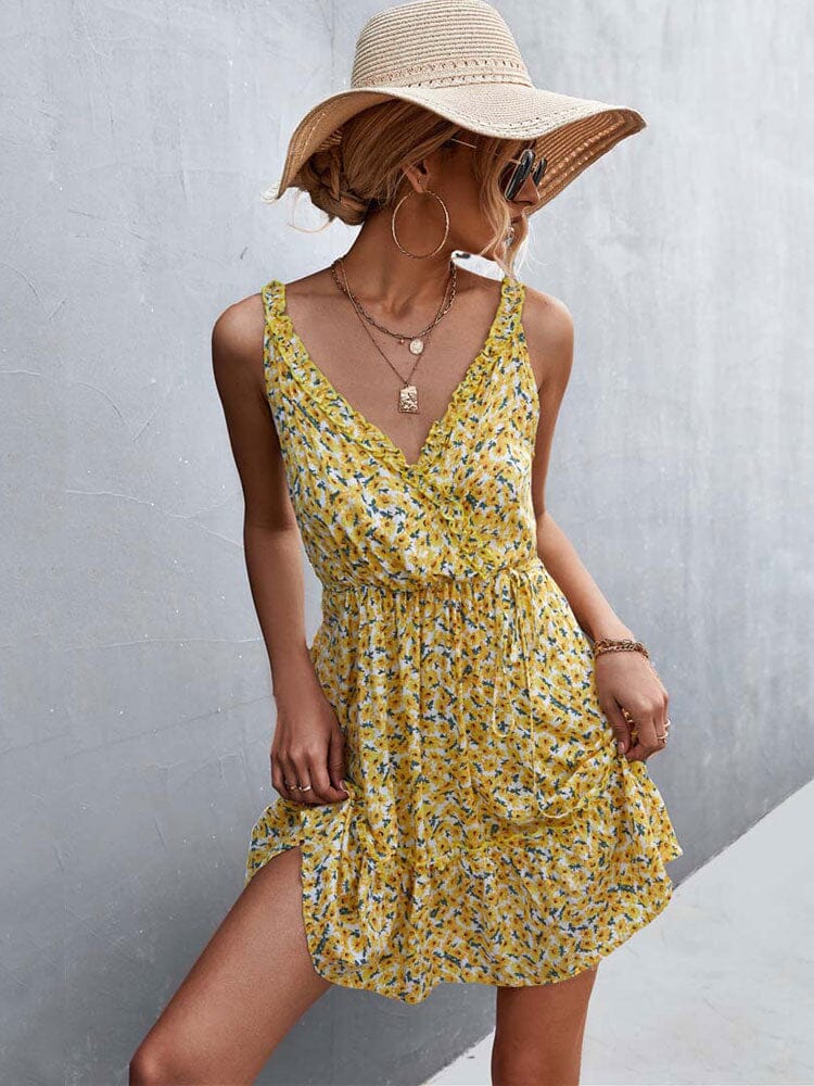 Floral V-Neck Sleeveless Dress Dresses Fashionjosie yellow S 