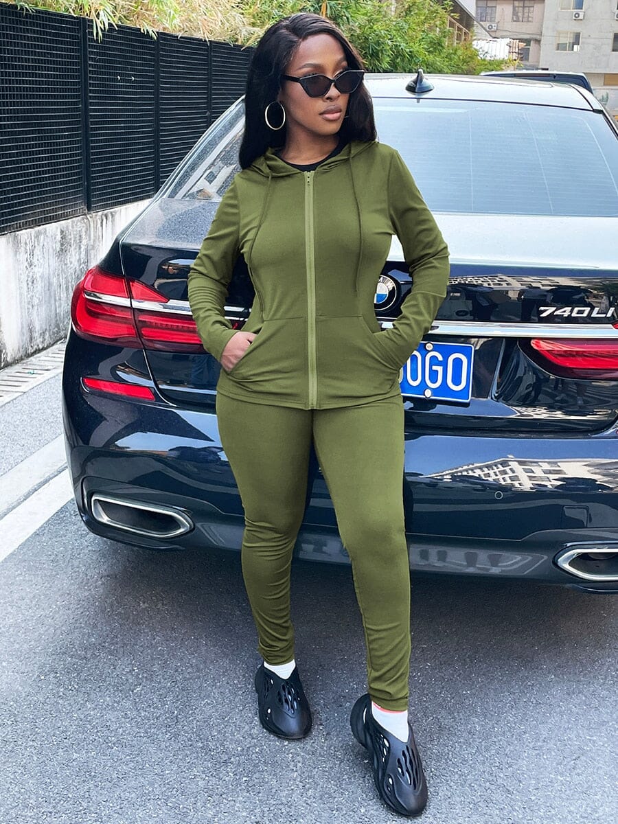 Hooded Kangaroo Pocket Tracksuit Hoodies & Sweatshirts Fashionjosie Army Green XS China