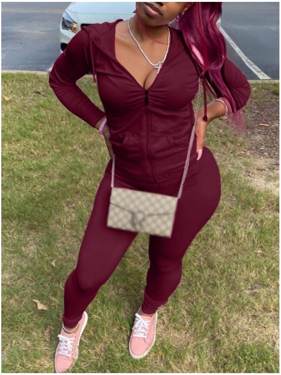 Hooded Kangaroo Pocket Tracksuit Hoodies & Sweatshirts Fashionjosie Claret XS China