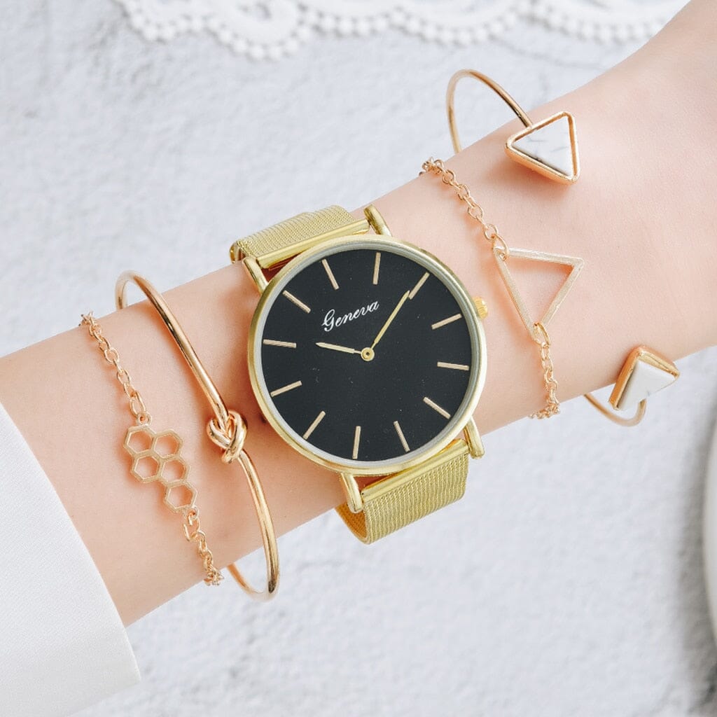 Luxury Watches & Bracelet Set for Women Watches Fashionjosie 5PCS Gold Black 