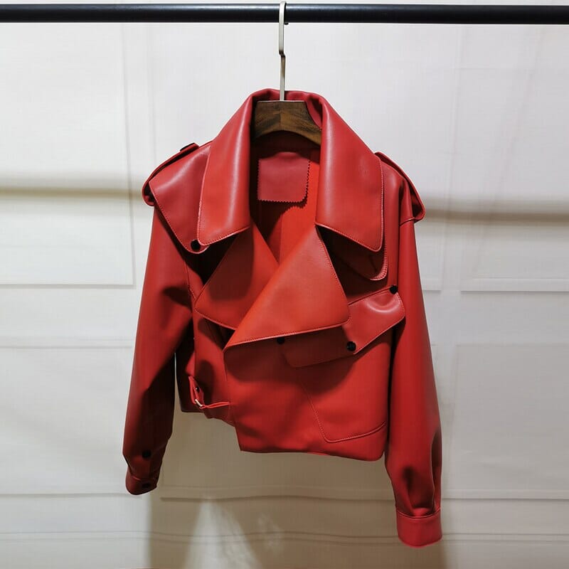 Oversize Sheepskin Leather Jacket Coats & Jackets Fashionjosie Red S 