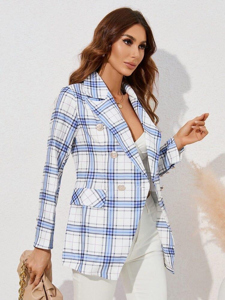 Plaid Double-Breasted Blazer: Chic & Elegant Coats & Jackets Fashionjosie 