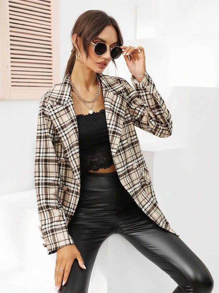 Plaid Double-Breasted Blazer: Chic & Elegant Coats & Jackets Fashionjosie 