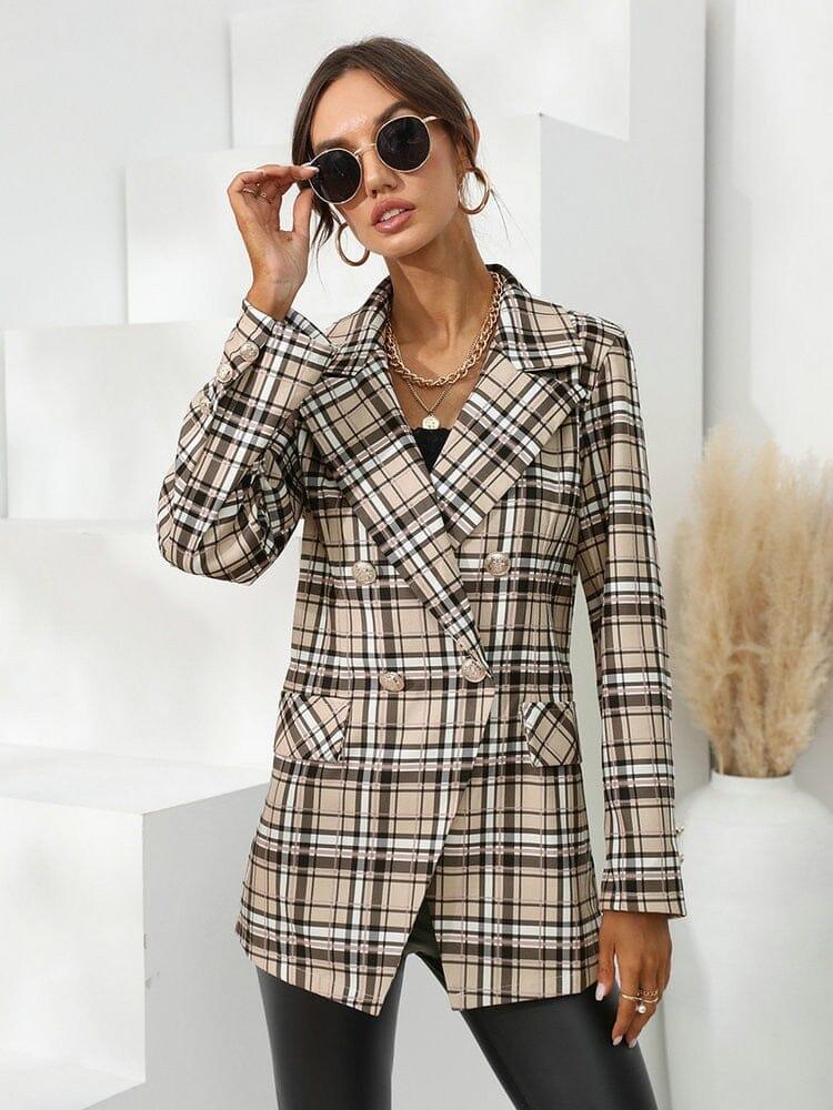 Plaid Double-Breasted Blazer: Chic & Elegant Coats & Jackets Fashionjosie 