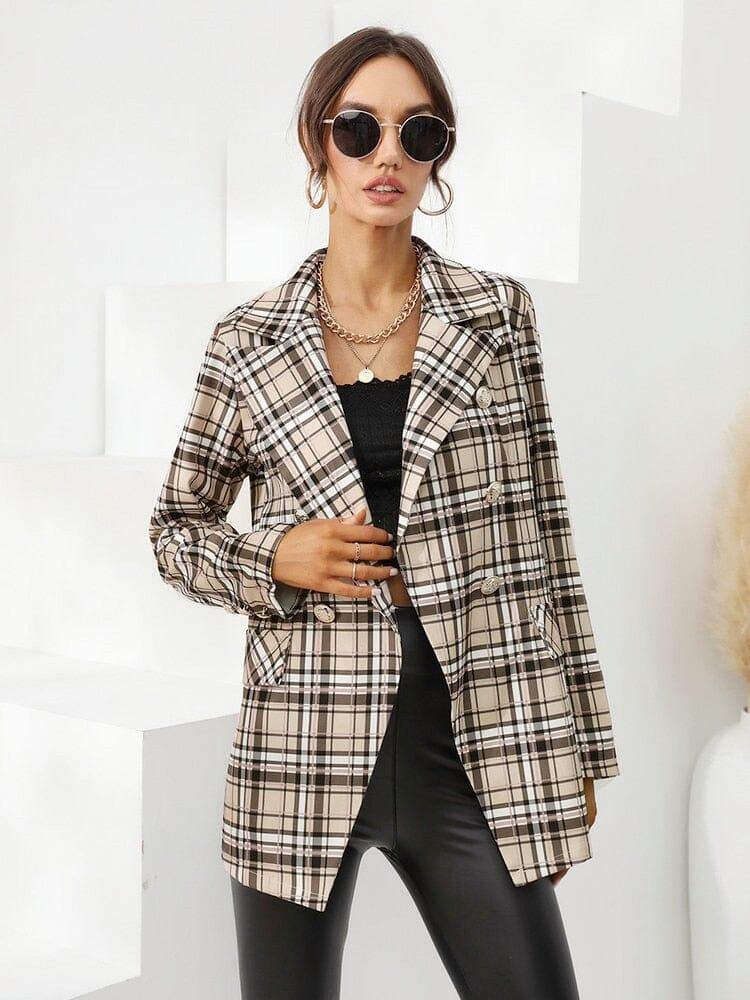 Plaid Double-Breasted Blazer: Chic & Elegant Coats & Jackets Fashionjosie 