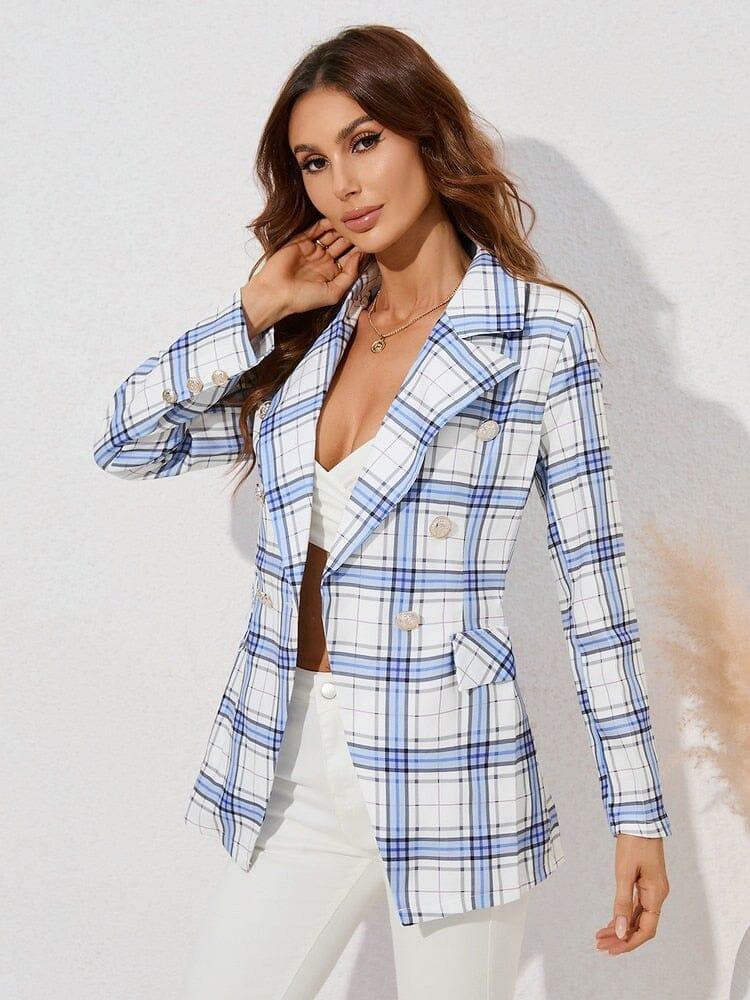 Plaid Double-Breasted Blazer: Chic & Elegant Coats & Jackets Fashionjosie 