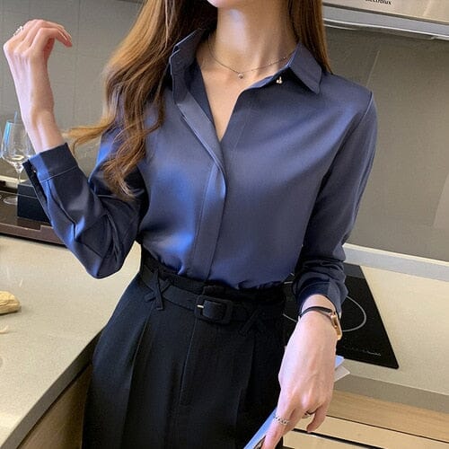 Silk Women's Shirt Long Sleeve Blouses & T-Shirts Fashionjosie Blue S 