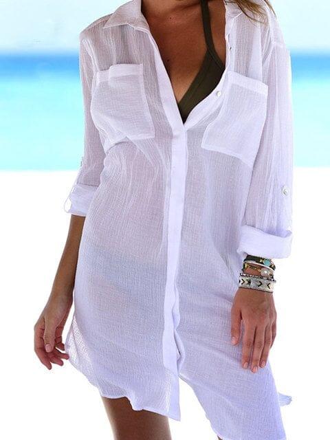 Beach Cover with Mandarin Sleeve Swimwear Fashionjosie Q469-white-429 One Size 