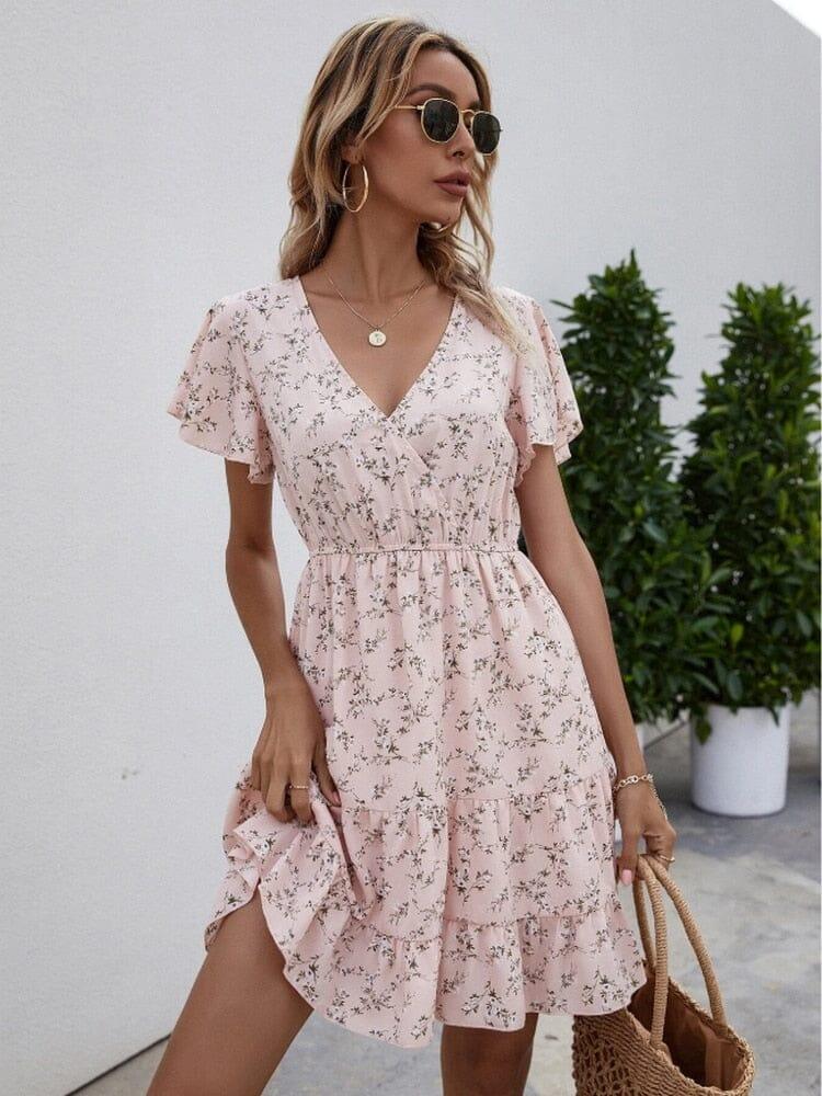 Butterfly Sleeve Elastic Waist V-neck Dress Dresses Fashionjosie Pink L 